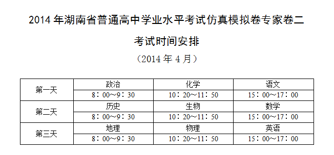 2014年湖南省普通高中学业水平考试仿真模拟卷专家卷二考试时间安排（2013.04月份）